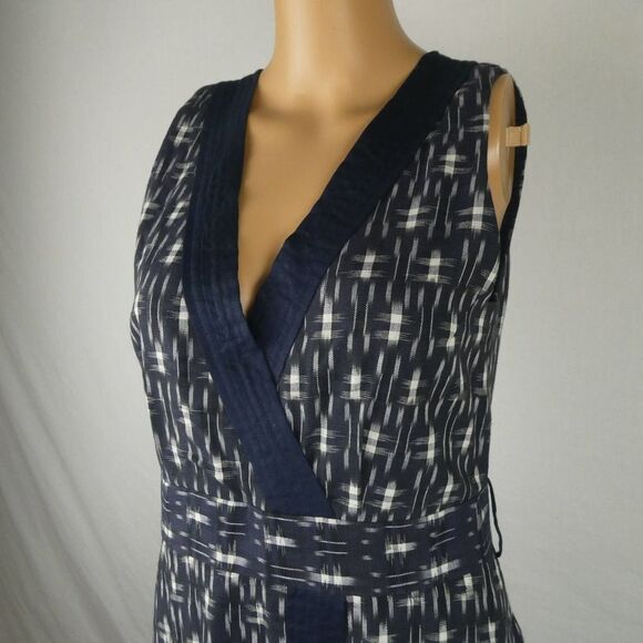 J. Crew Navy Faux Wrap Tie Sleeveless Mini Dress Cotton Linen Trim Ikat Size 2 - Picture 3 of 13
